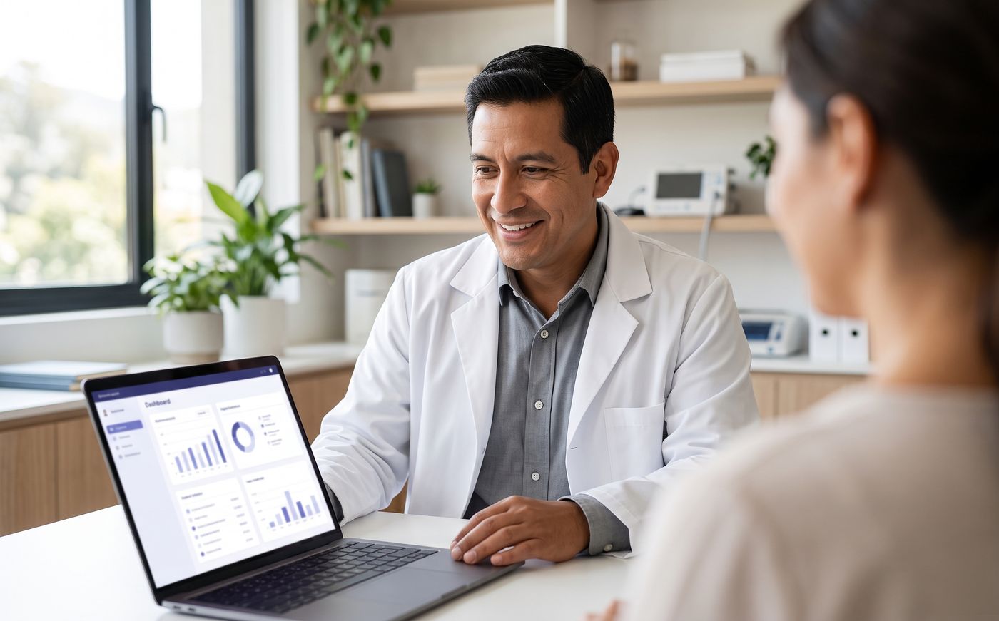 Médico sonriendo frente a su paciente, con Vincla abierto en la computadora